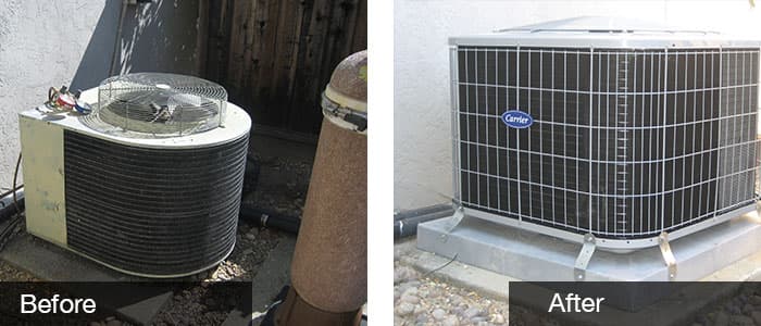 Before and after: a worn old AC condenser replaced by a new Carrier condensing unit on a fresh pad