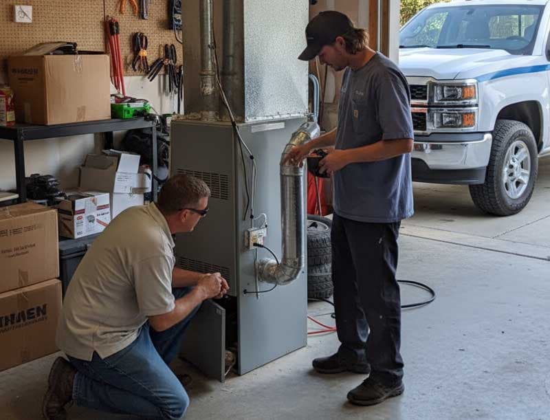 Two Blue Star technicians servicing an upright gas furnace in a garage, one kneeling at the burner compartment